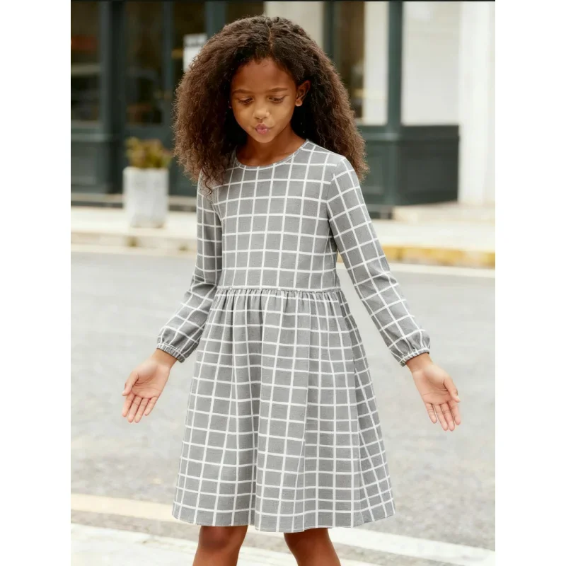 

2025 Hot Sale Girls Long Sleeve Plaid A-Line Dress - Casual Checkered Midi Dress for Kids Daily Wear