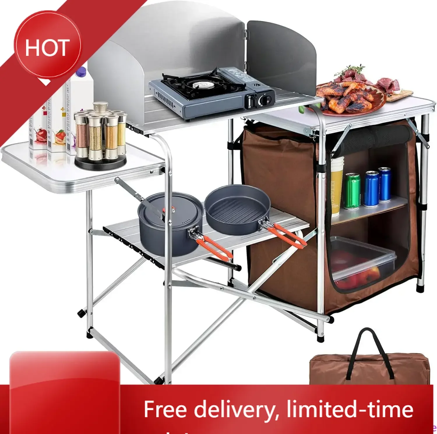

Hot salesCustomizable Camping Kitchen Table, Aluminum Portable Folding Camp Cook Station with Windscreen, Cupboard, Storage Orga