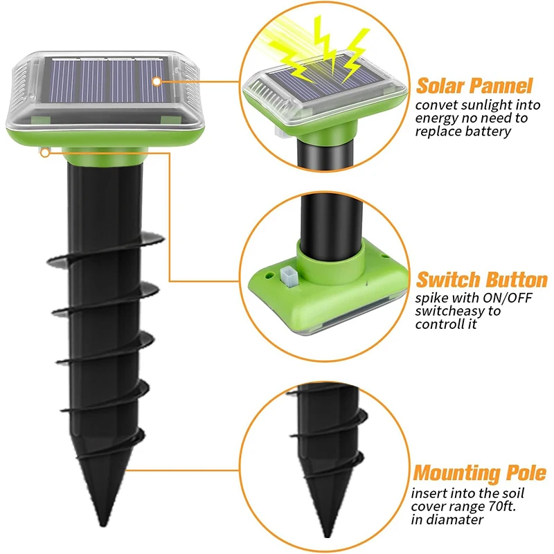 Solarbetriebener Tiervertreiber für den Außenbereich, wasserdicht nach IP66, vibriert und piept, um Maulwürfe und Schlangen zu vertreiben. – Detail 4