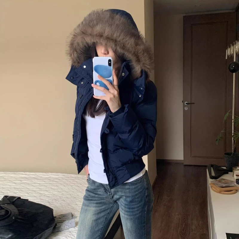 เสื้อแจ็คเก็ตขนเฟอร์เทียมสำหรับฤดูหนาว สไตล์ Y2K พร้อมฮู้ด แฟชั่นเกาหลี วินเทจ ลำลอง สำหรับผู้หญิง