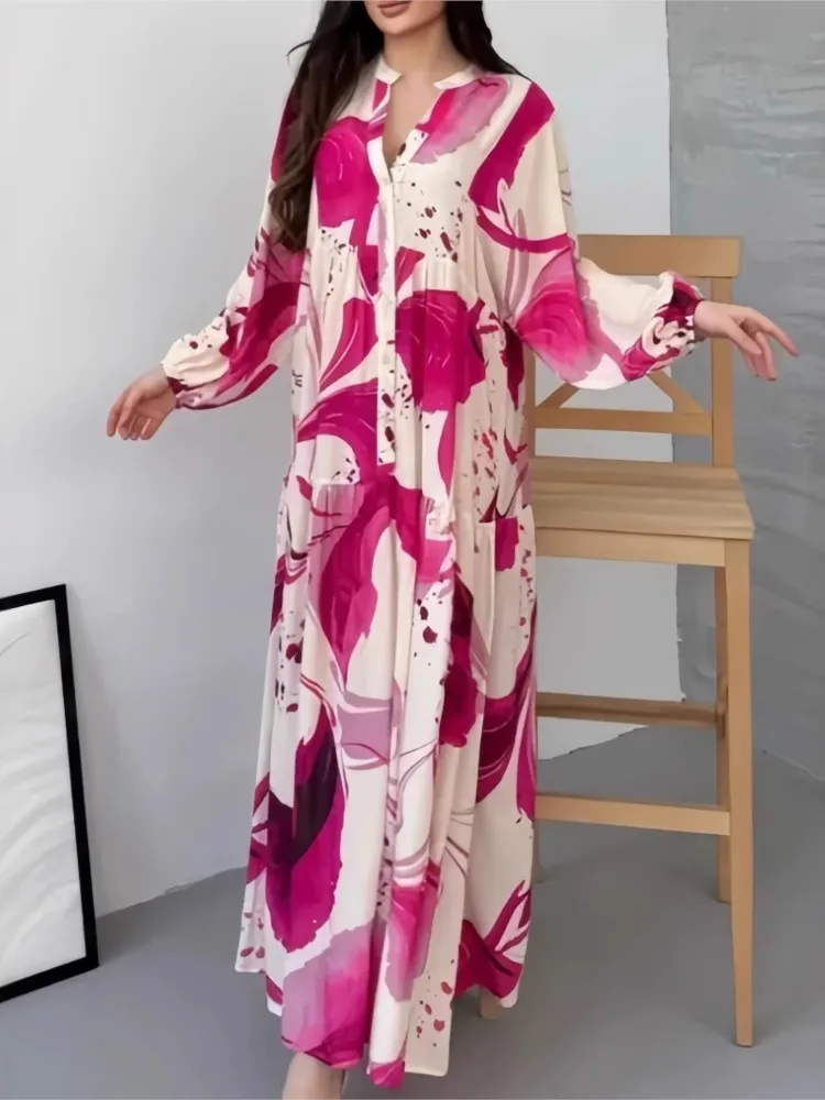 Printed Loose Shirt Long Dresse for Women's Long-sleeved V-neck Dresses New Fashion Spliced ​​elegant Female Casual Robe 2025