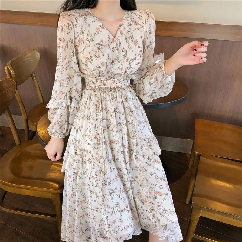 프렌치 레트로 미디 길이 매우 우아한 프렌치 플라티코돈 스커트 작은 꽃무늬 쉬폰 드레스 여름 스타일