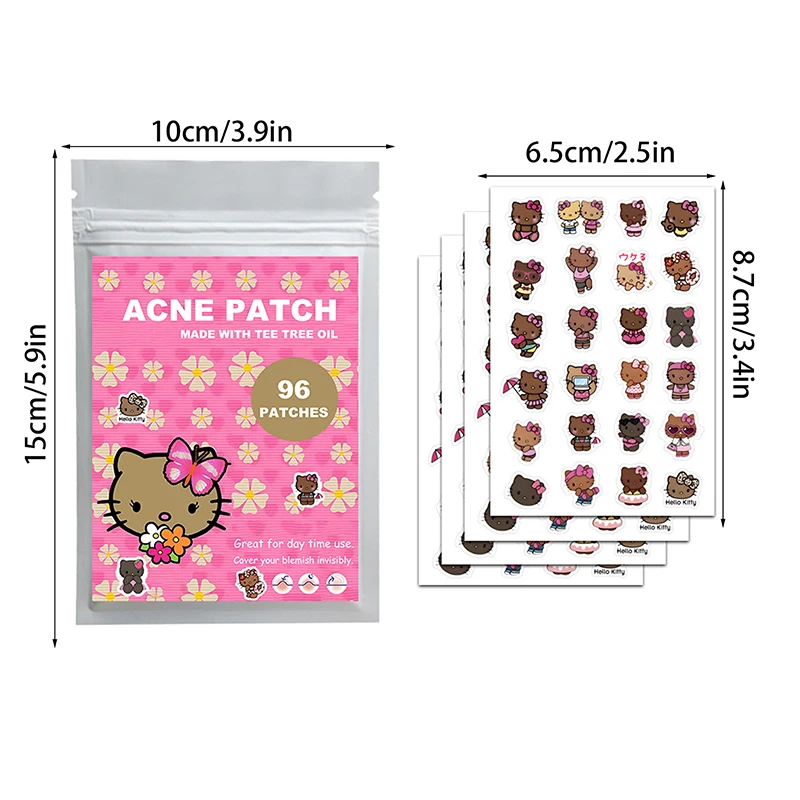 แผ่นแปะสิวรูปซานริโอ้ เฮลโลคิตตี้ 96 ชิ้น ลายการ์ตูนคุโรมิ แผ่นปิดสิวแบบใส ปกปิดสิว กำจัดสิว แผ่นแปะดูแลผิว