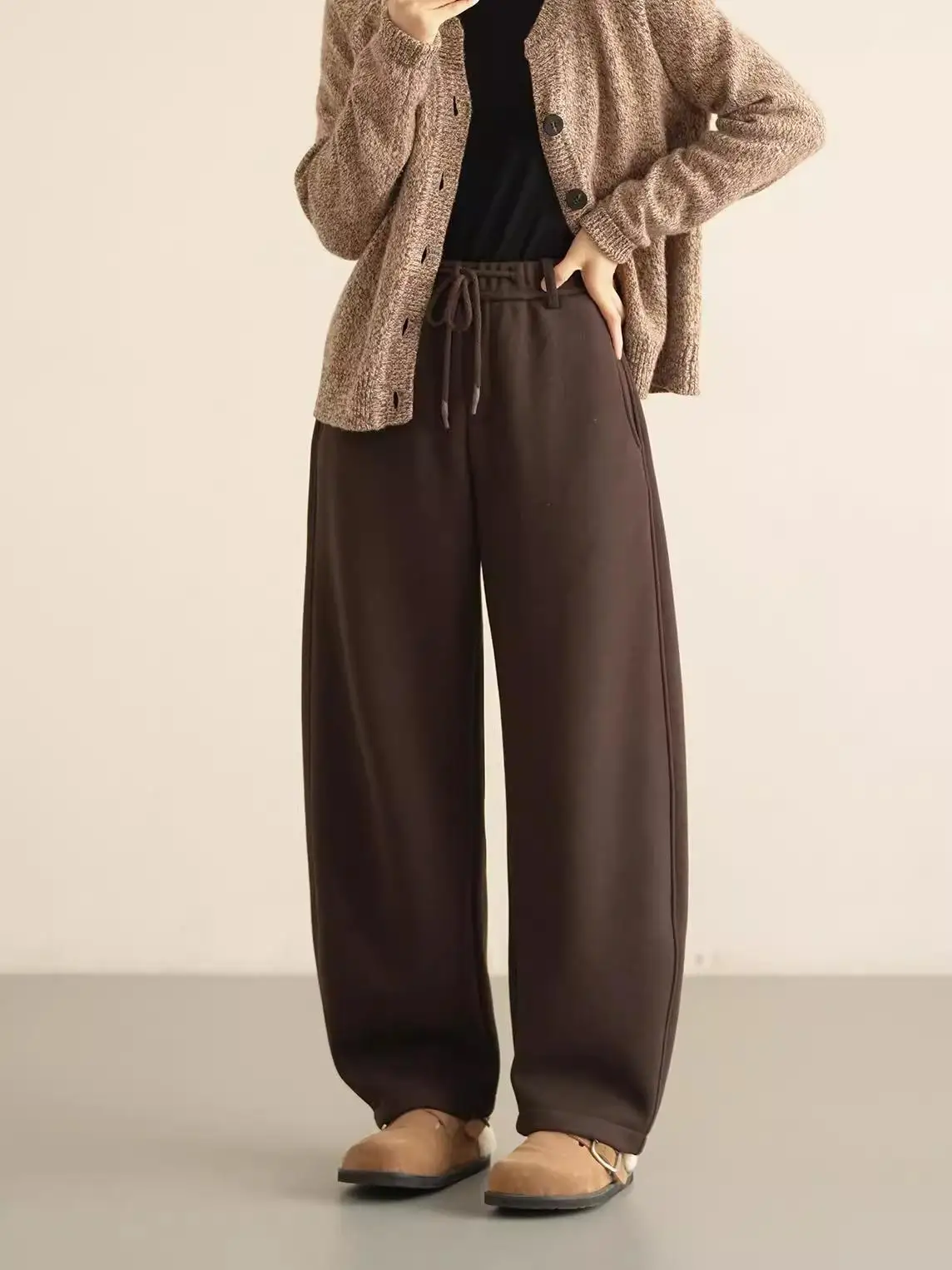 

Женские шелковые шерстяные брюки-палаццо в елочку, осенне-зимние, свободного кроя, повседневные, с высокой талией, длинные, из смесового полиэстера