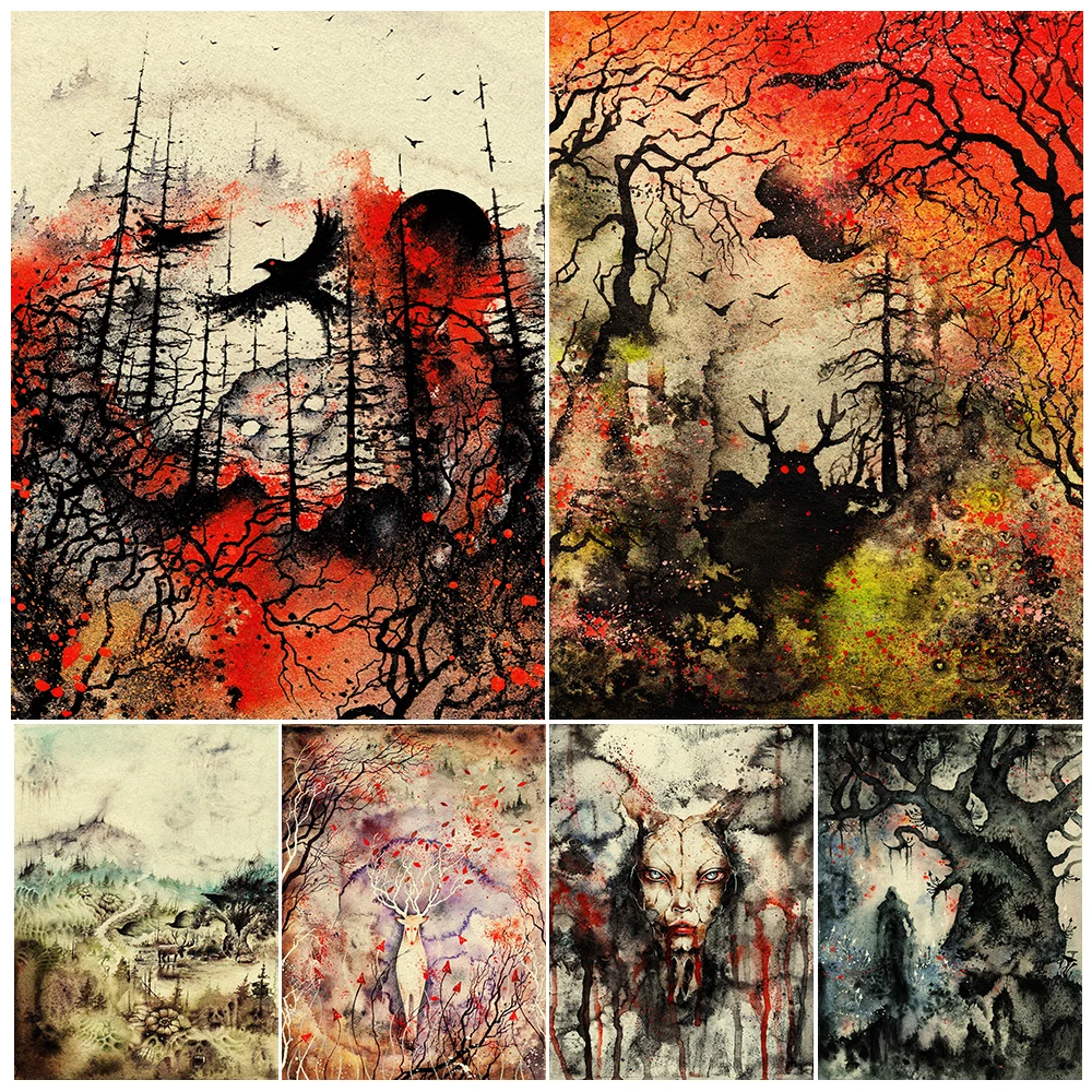 Forest Spirits,Ghosts,Wolves, Ravens Vintage Wall Art Canvas Painting Dark Fantasy Gothic Magic Art Poster Print Home Decoration