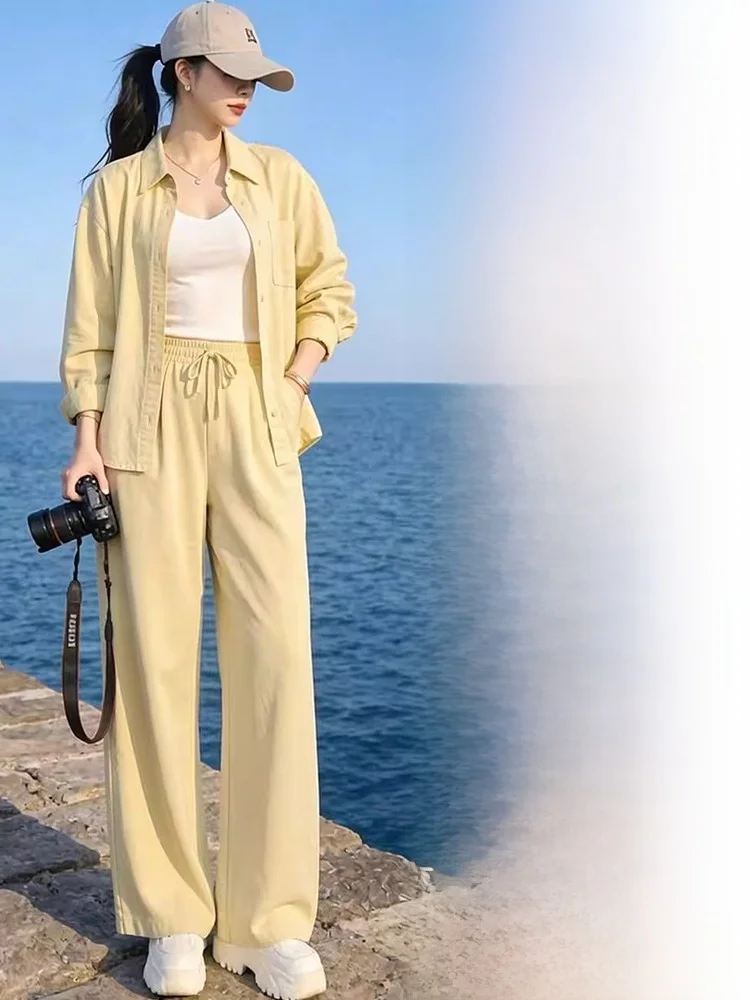 

Ladies Casual Shirt Set Two-Piece Suit Sun Protection White Enhancing Yellow Lazy Summer Fashionable Anti-Uv Clothing