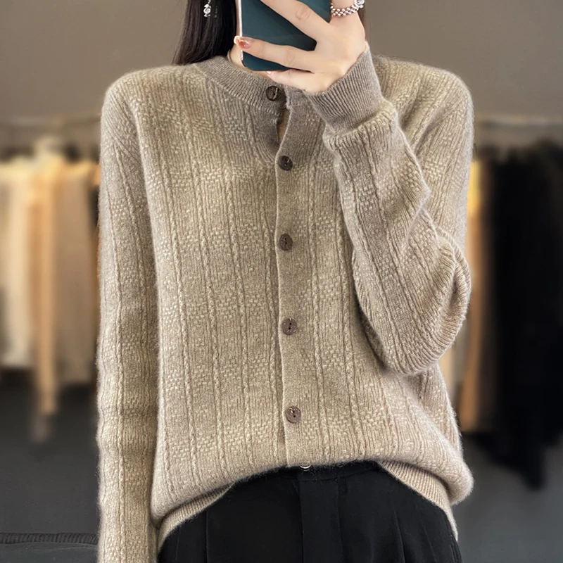 ZYCZCXX 100% Merino Wool Women's Sweater Cardigan 2024 Autumn/Winter new crewneck knitted jacquard cardigan women's Korean top