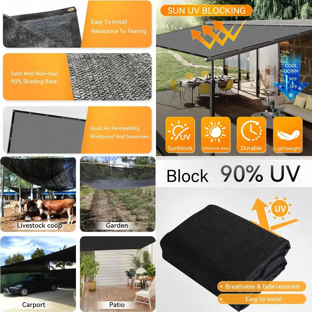 내구성 있는 12x24 피트 블랙 그늘막 천 황동 고리 포함 야외 햇빛 차단 및 덮개용