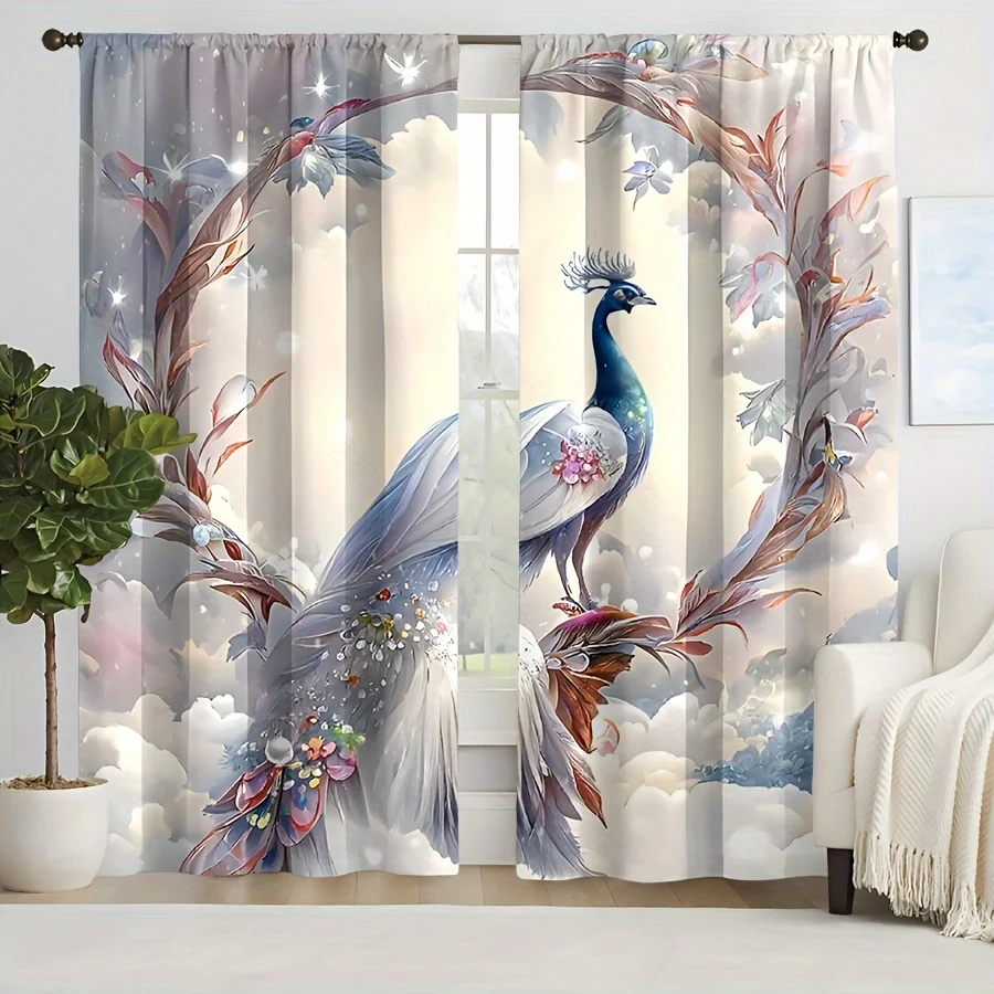 2pcs Peacock Style Printed Curtain For Home Decor Rod Pocket Window Treatment For Bedroom, Office, Kitchen, Living Room,