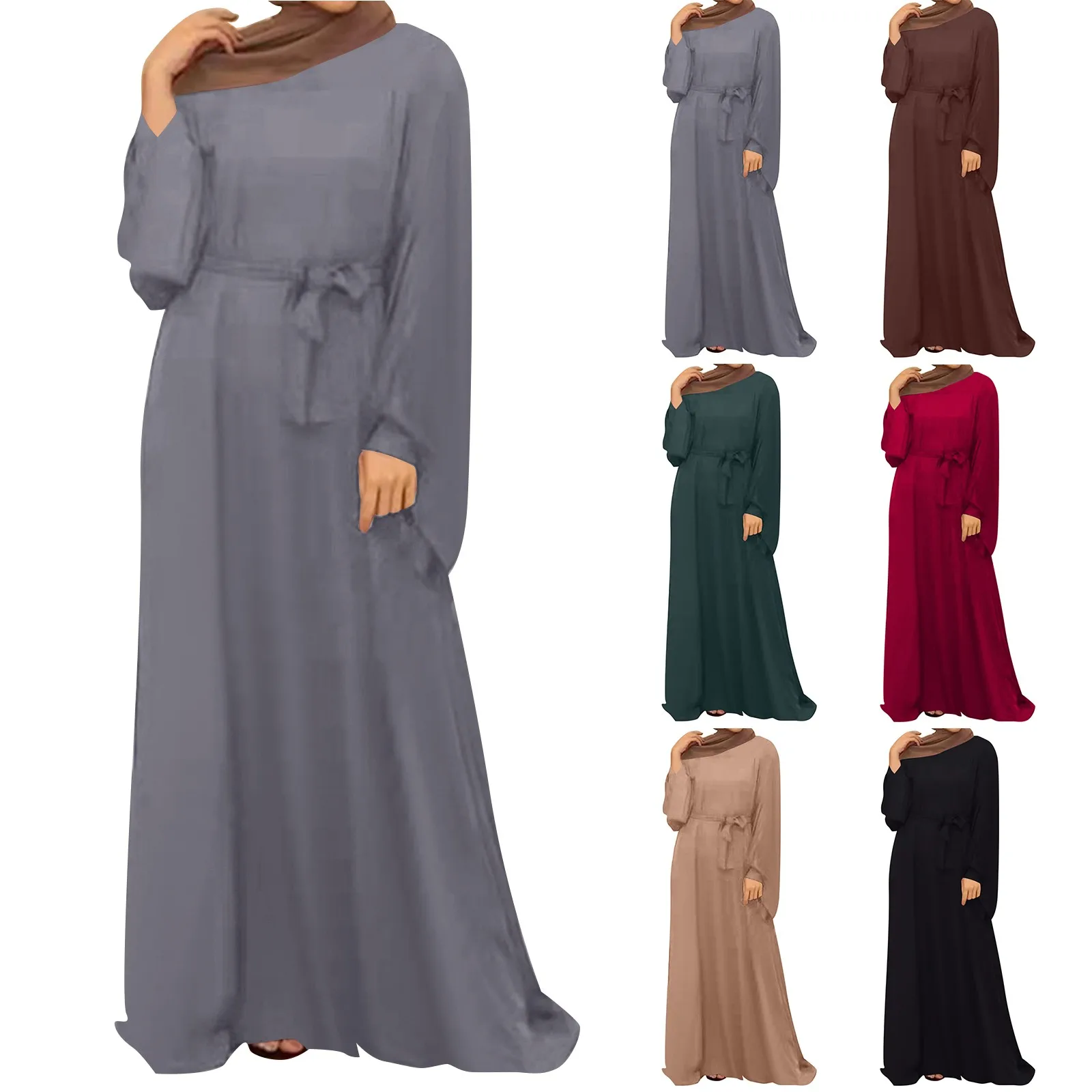 Women'S Muslim Worshipwear Basic Long Sleeved Laydown Round Neck Dress Middle Eastern Solid Robe Female Islam Clothes With Belt