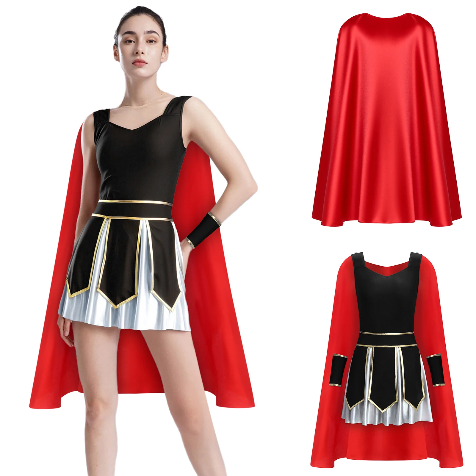 

Women Carnival Ancient Greek Rome Gladiator Princess Cosplay Outfit A-line Dress with Satin Cape And Cuffs for Halloween Party