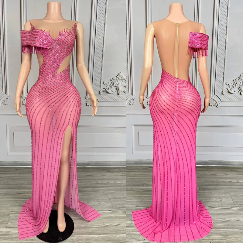 Vestidos de Noche rosas con diamantes de imitación para mujer, vestido de fiesta de celebración con diamantes, vestido de actuación en escenario, traje de pasarela de cantante, disfraz de Jazz