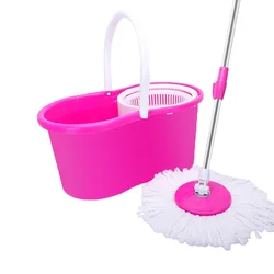 360° Mop Rod with Bucket & White Fiber Dual Mop Heads Strong Sturdy Cleaning Quick and Easy Pink[US-W]