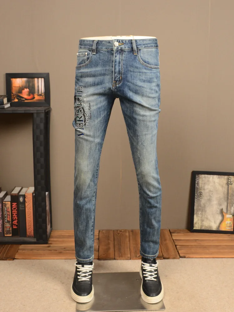 Stretch Casual Jeans Men's Spring and Autumn Fashionable Slim High-End Printed Retro Affordable Luxury Washed Skinny Pants