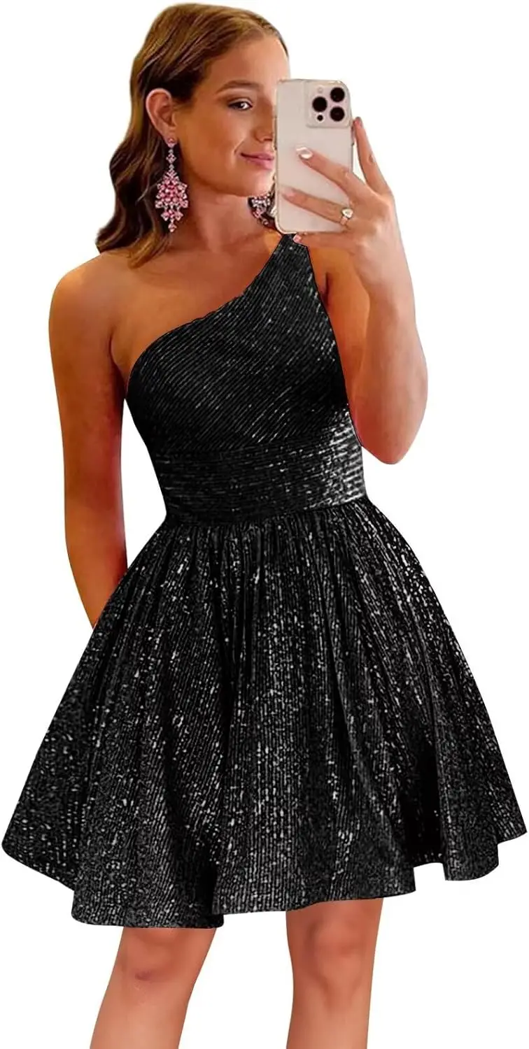 

Женские блестящие платья для выпускного вечера на одно плечо, короткое платье для выпускного вечера, мини-коктейльное платье с пайетками выше колена, мини
