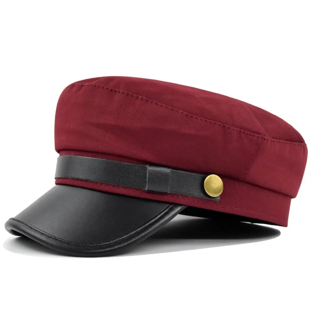 Retro Warm Streetwear Berets Metal Button Autumn PU Leather Flat Navy Hats Women Captain Caps Men Sailor Caps Fishing Cap