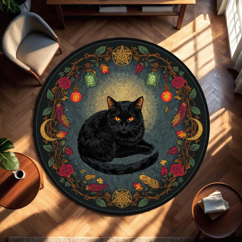 Witchy Black Cat Rose Ornament graphics Round Rug living room sofa rug dining room game room indoor decor Washable Rug