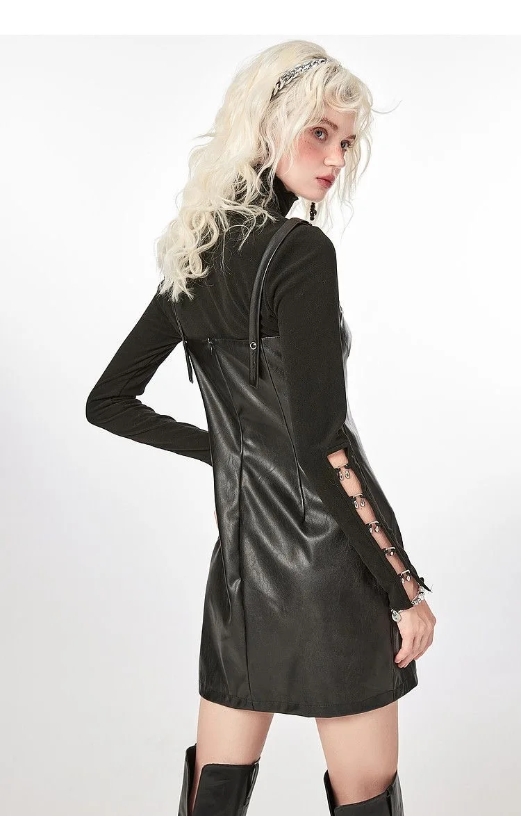 Abito Cami da donna in pelle PU americana vintage Real Shot, mini abito a trapezio snellente nero con punto a contrasto retrò, Edgy Y2K Par