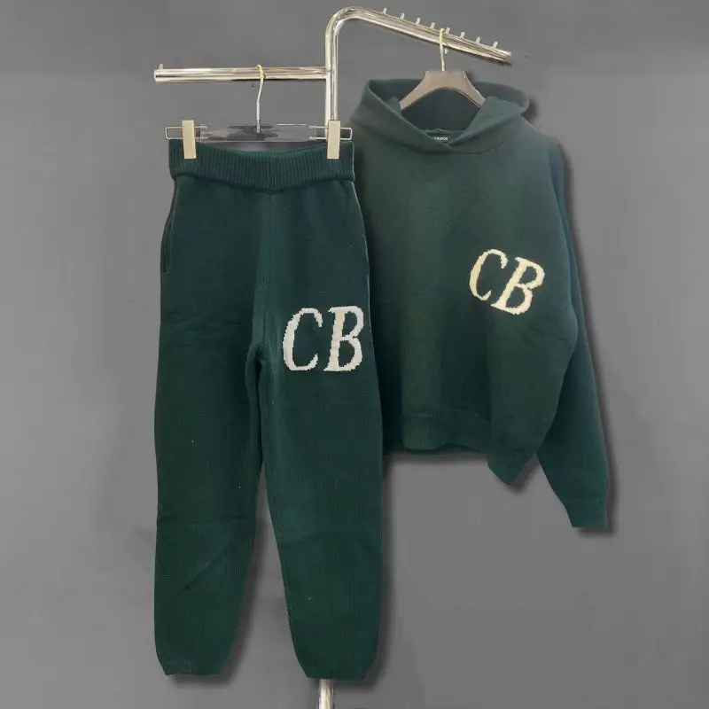 

Dark Green Knitted Hoodie Set Winter American Streetwear Letter Jacquard Loose Sweater Fashion Casual Men Women Sweatpants