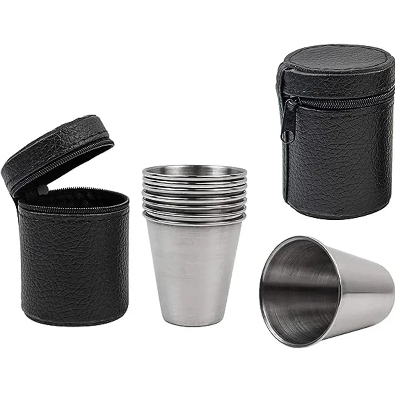 30ml/160ml/1.1L Stainless Steel Water Cup with Black Leather Outdoor Portable Water Kettle Set Large Capacity Camping Water Cup