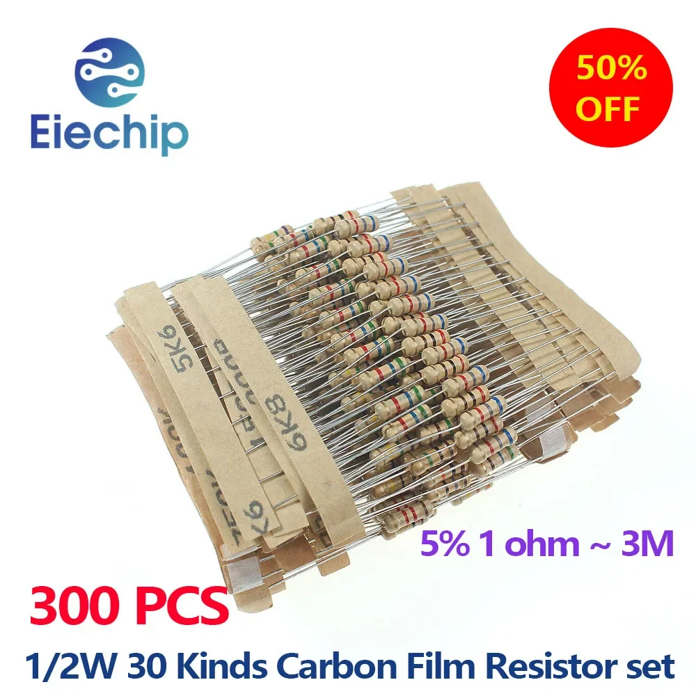 300PCS/Lot 1/2W 30 Kinds Carbon Film Resistor set, 0.5W Resistance 5% 1 ohm ~ 3M Color Ring Resistance Assortment kit