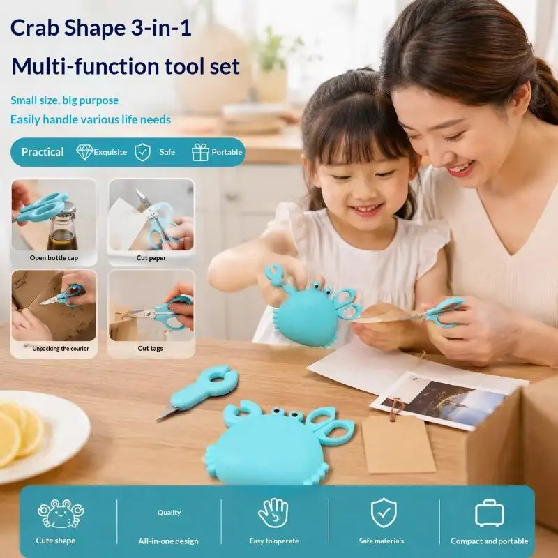 3 In 1 Creative Crab Multitool with Scissors Bottle Opener Folding Knife Compact Mini Gadget for Outdoor Camping Backpacking