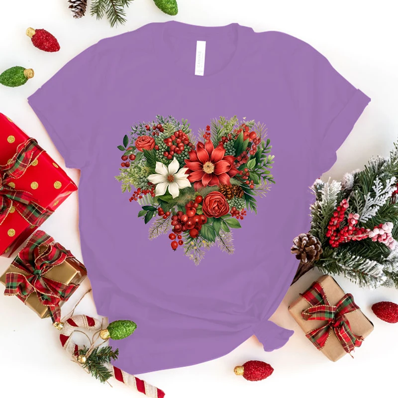 Fashion Christmas Flower Love Printed Short Sleeve Christmas Flower Love T-Shirt For Women Summer Casual T-Shirts Creative topd