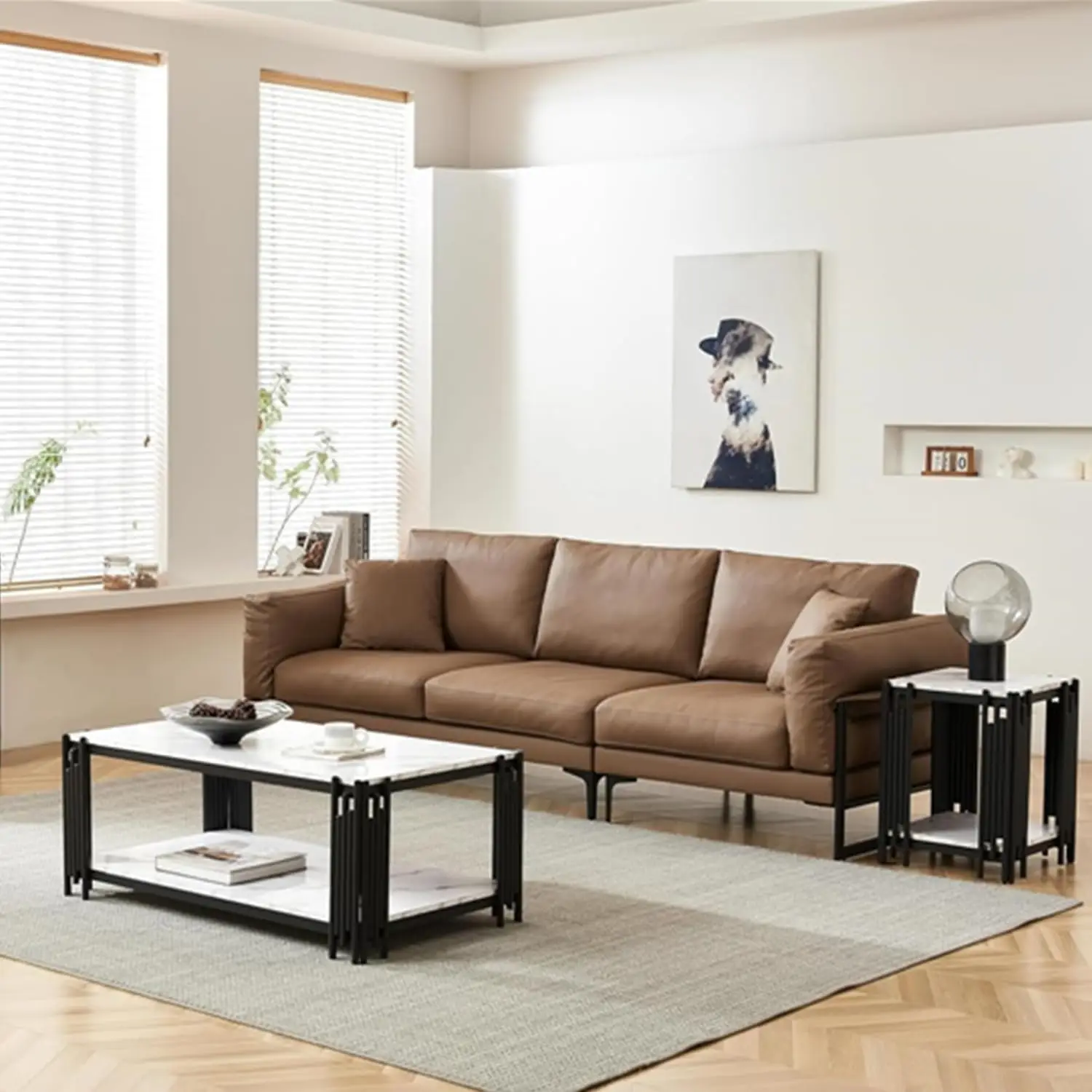 Marble Coffee Table Set of 3, Faux Top & 2 End Tables with Chrome I-Base, 3 Piece Living Room Set, Customized