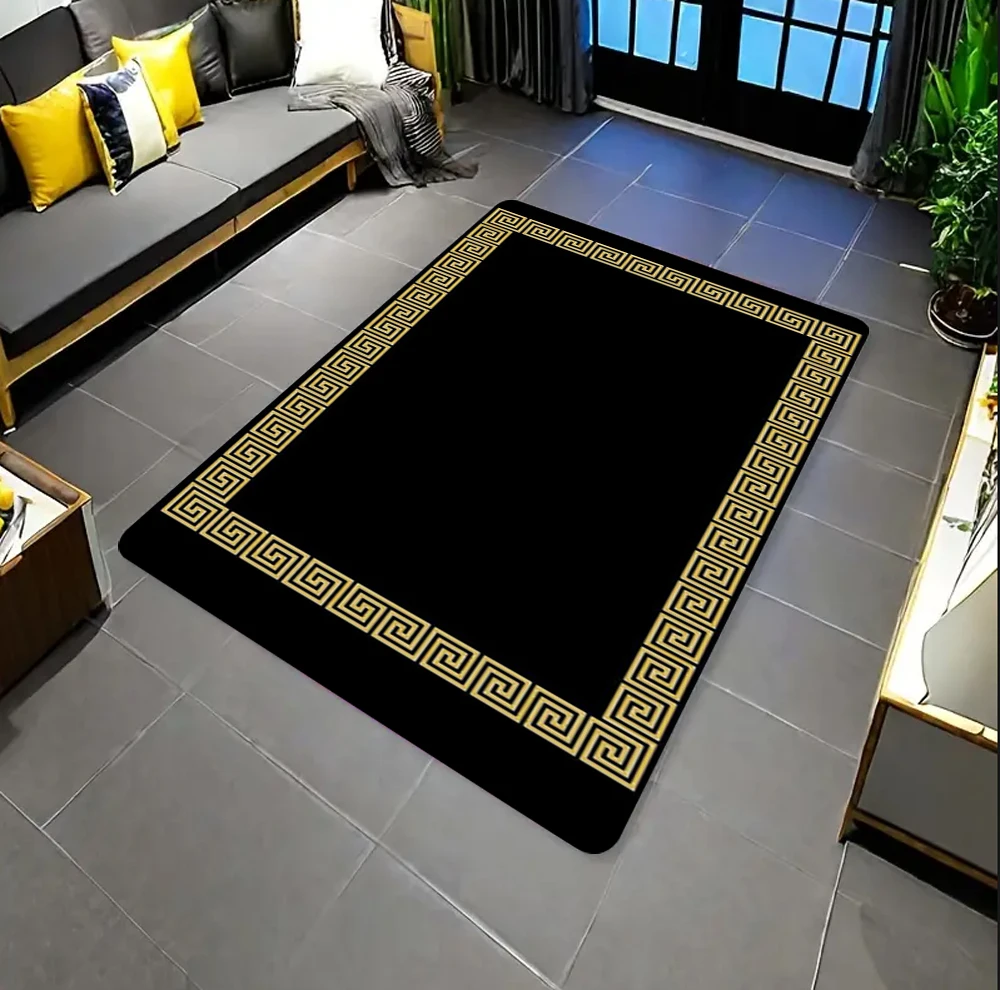 Luxury Golden Greek Key Black and White Carpet Living Room Decor Sofa Rug Bedroom Bedside Rug Kitchen Coffee Table Floor Mat