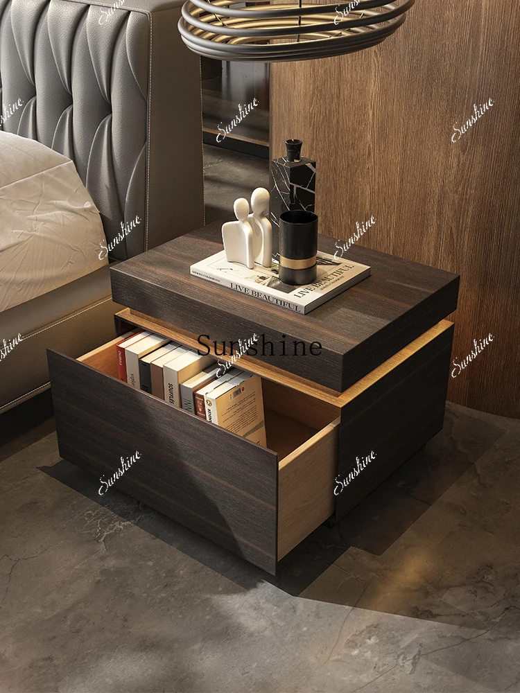 

Bedroom Italian minimalist design with LED light square smoked veneer bedside cabinet FT