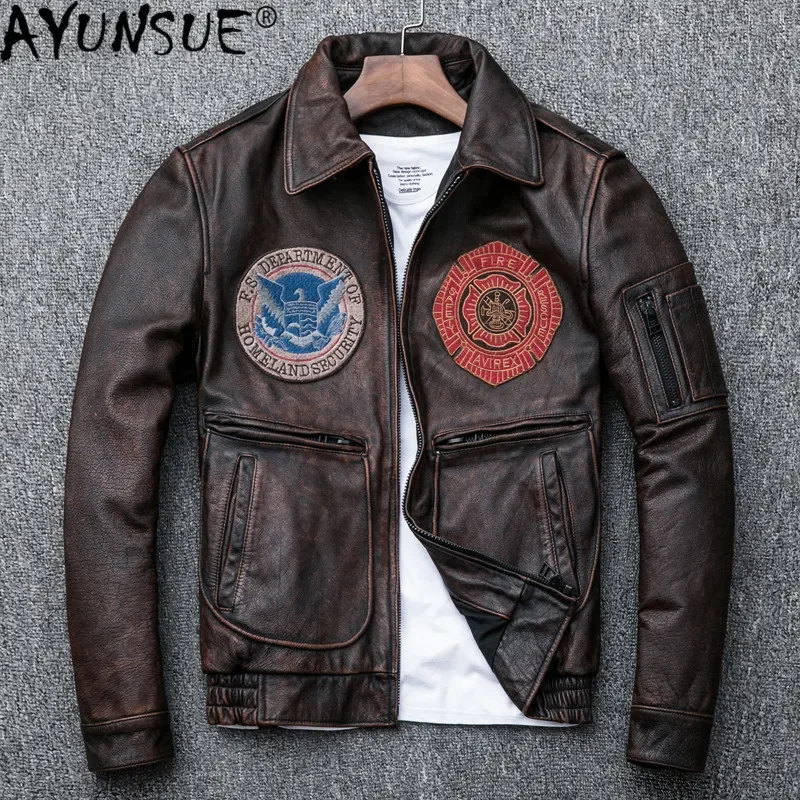

Vintage Genuine Leather Jacket Men Real Cow Leather Flight Jacket Spring Autumn Coat for Men Casual Cowhide Jackets KJ2299