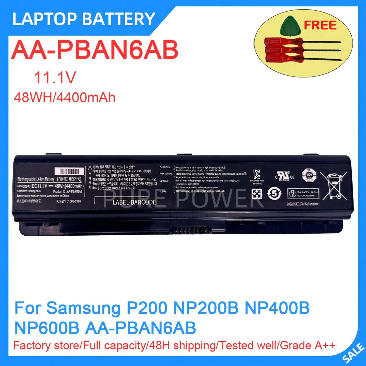 New Laptop Battery AA-PBAN6AB 11.1V 48WH 4400mAh High Quality For Samsung P200 NP200B NP400B NP600B AA-PBAN6AB