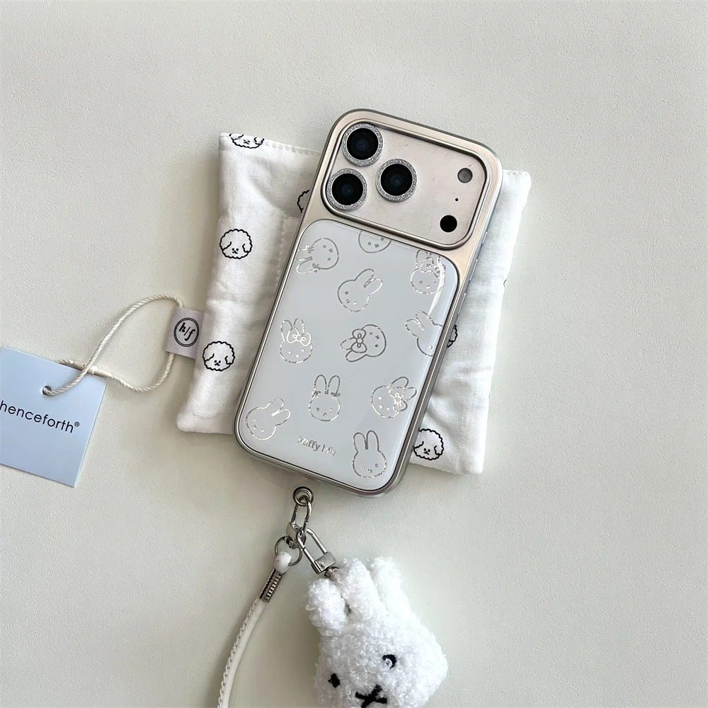 Electroplated line rabbit phone case for iPhone 16 Pro 17 14 15 Pro 17 Pro Max 16 cover with plush pendant cute protective cover