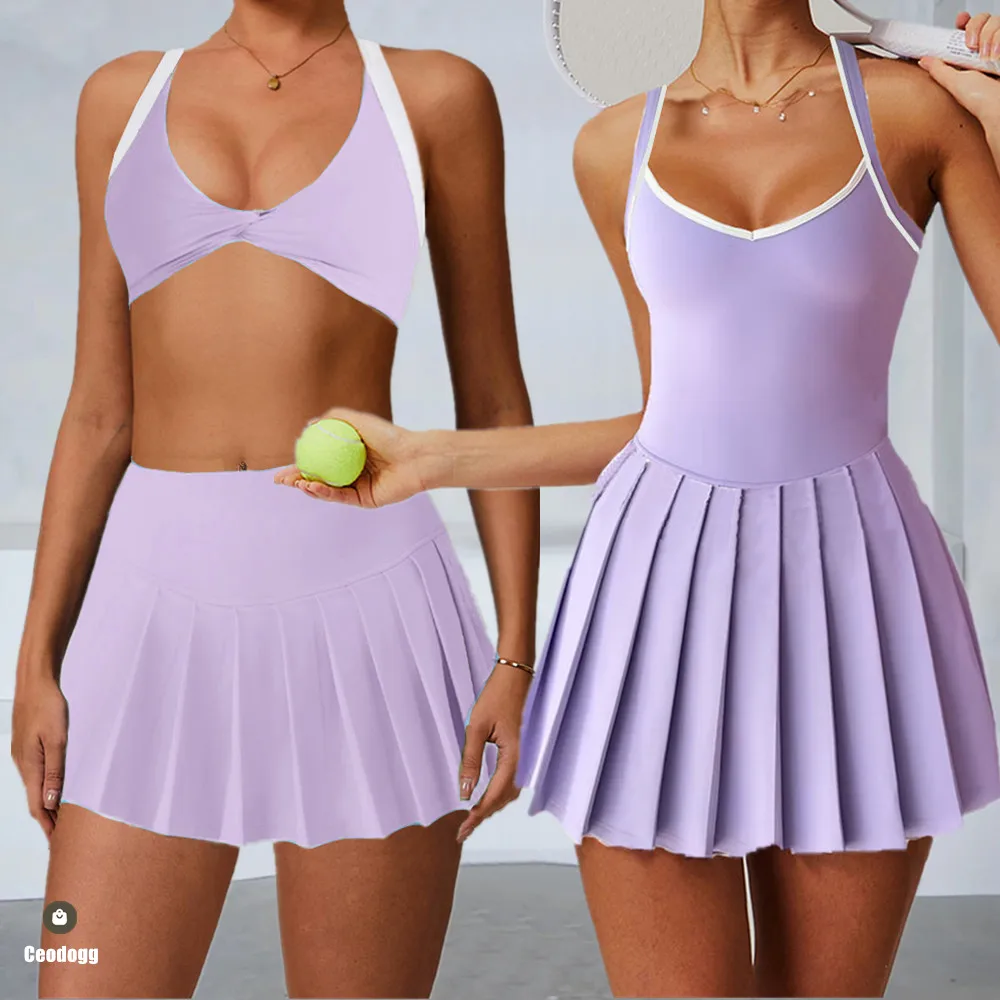 

Женский спортивный комплект для йоги, 2 шт., спортивный бюстгальтер с эффектом пуш-ап для бега, плиссированный комбинезон для спортзала, теннисные шорты, платье для фитнеса, активная одежда XP09