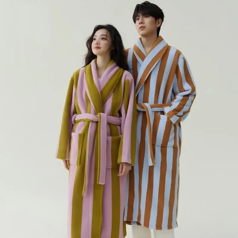 Autumn Winter New Couple Coral Velvet Women Men Bathrobe Striped Lengthed Home Clothes Thickened Flannel Robe Pants Pajamas Set