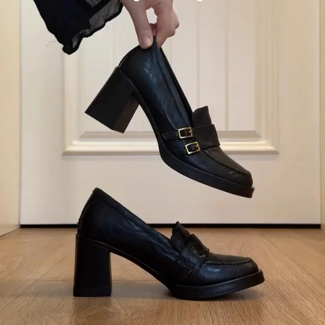 Women's Black Leather Loafers | Block Heel Design, Retro Office Essential Fashion Footwear