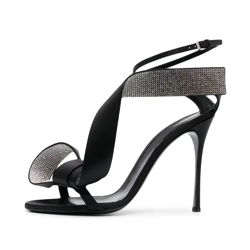 Arden Furtado 2024 Summer Satin Round toe Super high heel Cross strap Belt buckle Party Crystal bowknot Open toe Sandals