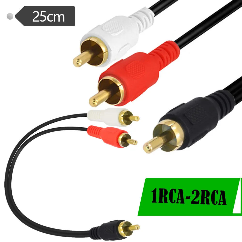 1 RCA męski do 2 RCA stereofoniczny kabel Audio typu Y, 2 wtyczka RCA s do 1 wtyczka RCA Audio Stereo kablu subwoofera, złoty Plat 0.25m