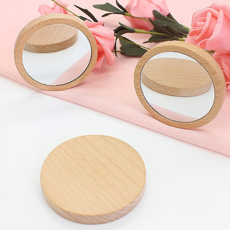 Miroir cosmétique rond en bois pour femmes, portable, tenu dans la main, vintage, maquillage, voyage