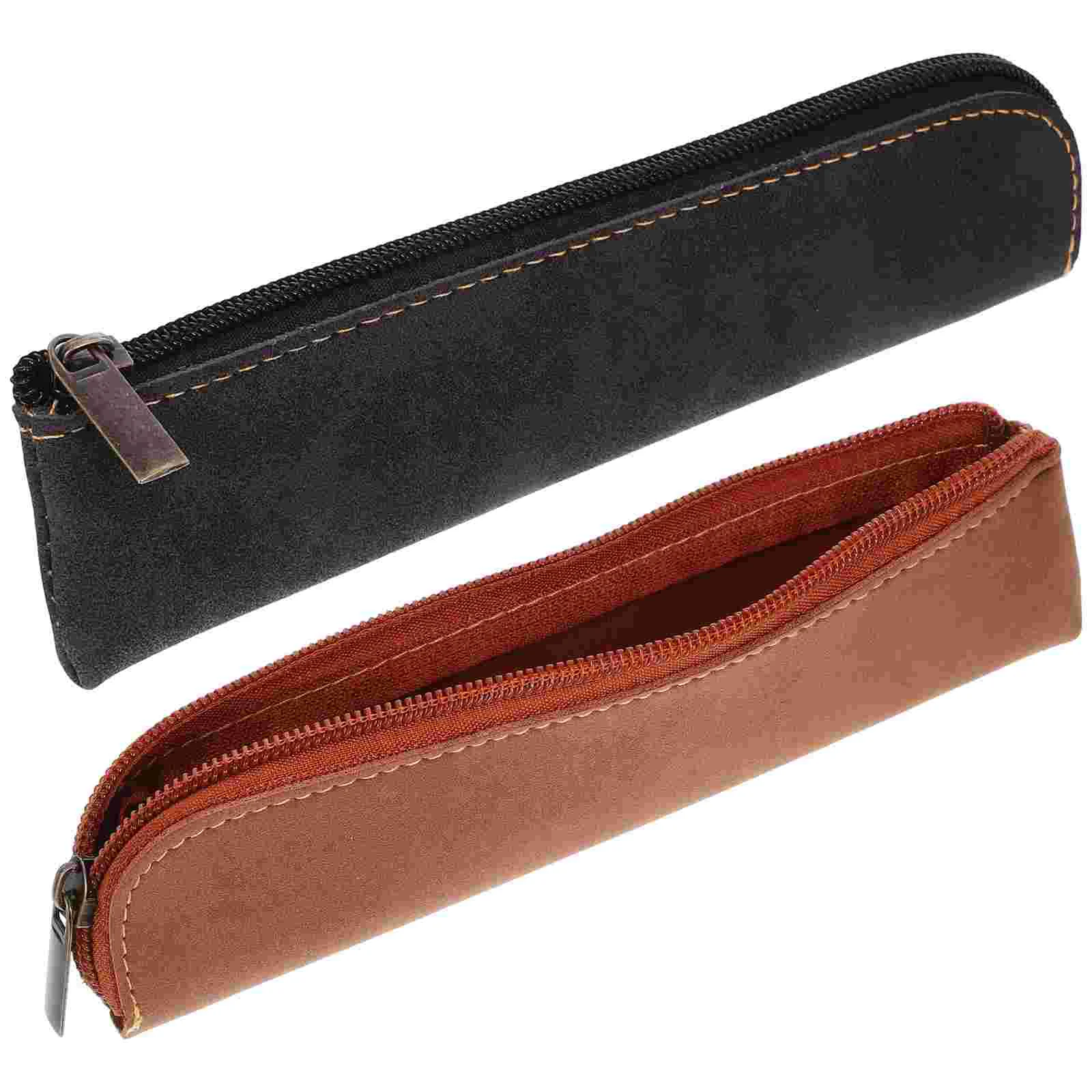 

2Pcs Retro Zipper Pu Pencil Cases Pen Bags Slim Travel Makeup Coin ganizer Student School Supplies Cute Mini Stationery