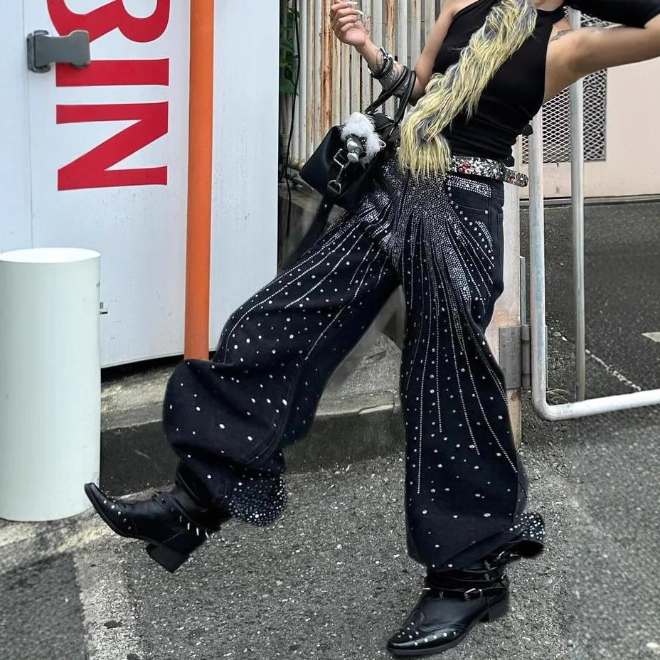 

Винтажные джинсы Y2K с широкими штанинами и узором из звездчатых страз, повседневные и модные длинные брюки