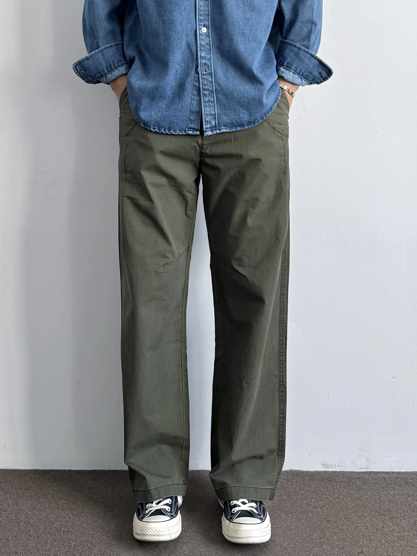 

Military Green High Waist Straight Leg Workwear Pants Men's OOTD Matching Loose Wide Leg Long Trousers American Retro Style