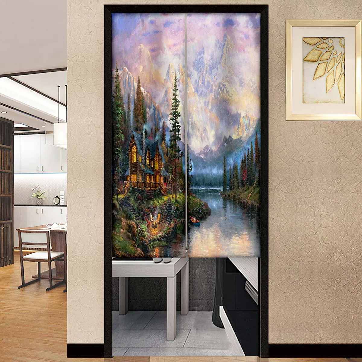 Mountains River House Trees Door Curtain Japanese Style Kitchen Partition Drapes Restaurant Studio Entrance Hanging Half-Curtain