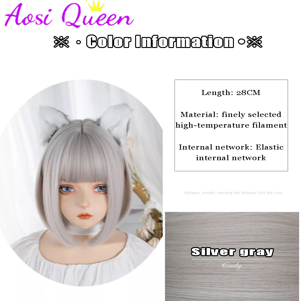 AOSI Silver Gray Short Bob Wig For Girl Daily Wear Synthetic Wig New Style Natural Supple Summer Heatresistant Wig With Bangs