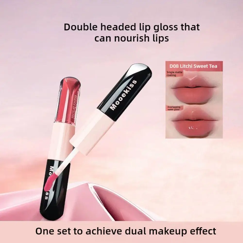 Mooekiss Doppelköpfiger Lipgloss-Spiegel, feuchtigkeitsspendender, langanhaltender Bürstenkopf, Antihaft-Becher, filmformender Lippenglasur-Lippenstift, 3,2 g