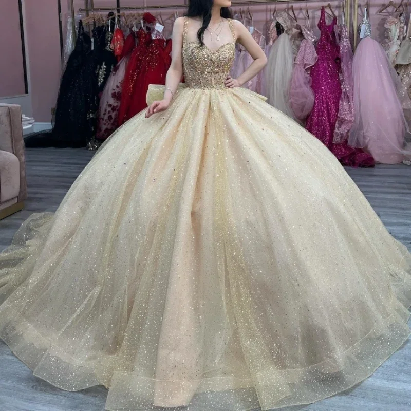 

Angelsbridep Blingbling Champagne Ball Gown 15 Year Old Quinceanera Dresses 2024 With Big Bow Princess Birthday Party Dress