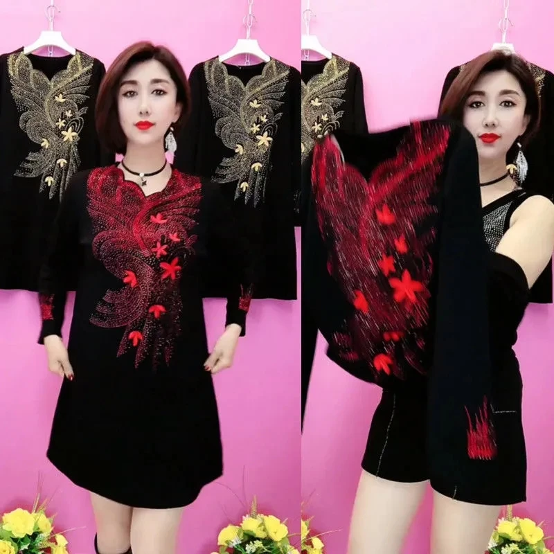 Advanced Sense Hot Diamond Dress Autumn Winter Add Velvet Thick Middle Aged Female Embroidered Dress Mother Dress Large Size 6XL