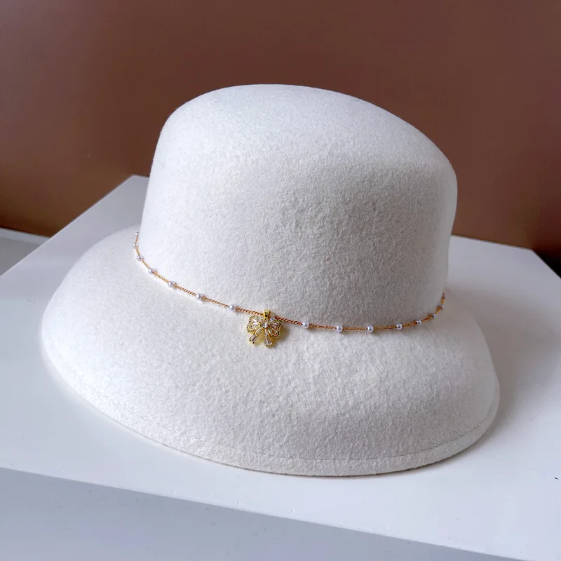 Light luxury pearl zircon bow chain lampshade hat High quality Australian wool top hat felt hat Fashion French banquet basin hat