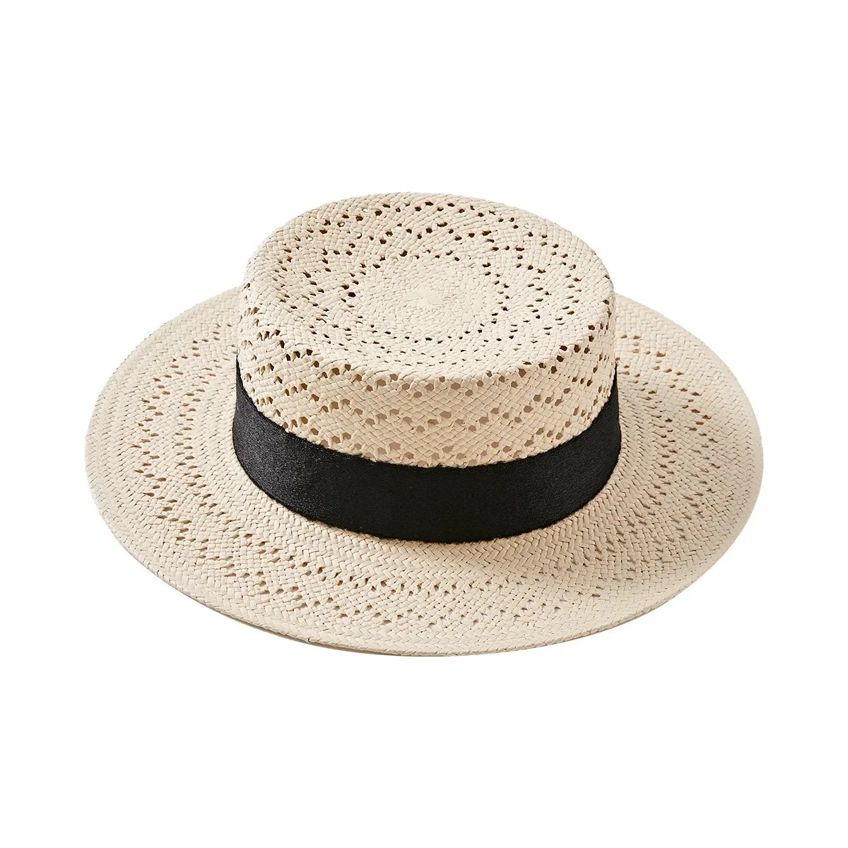 Women's New Spring/Summer French Resort Hat: Off-White Handcrafted Openwork Woven Flat-Topped Straw Hat