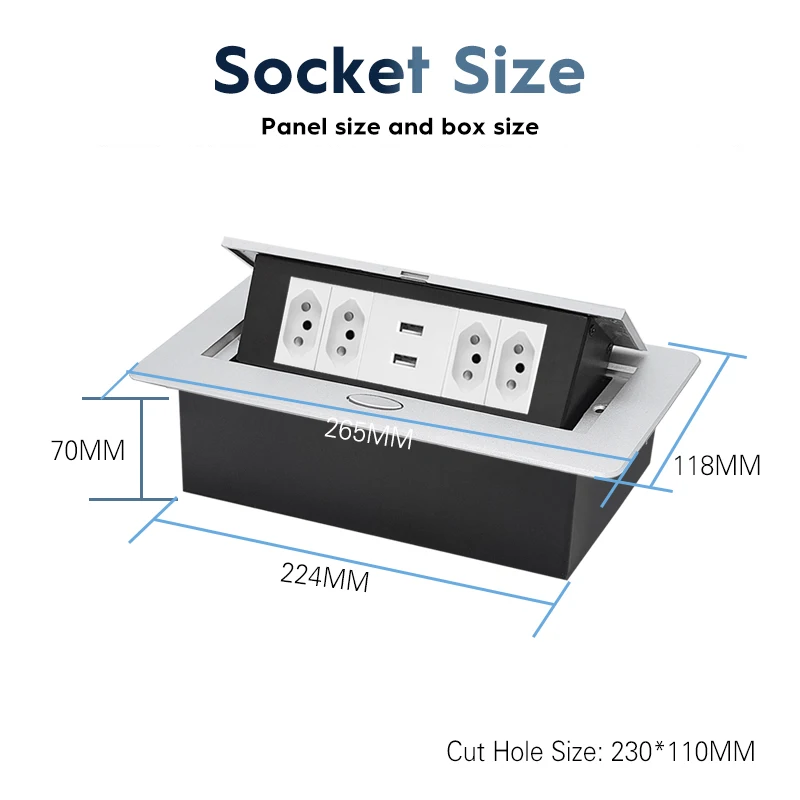 Metal Panel Brazilian Standard Hidden Table Socket 4/6 Power USB TYPE A/C Network Option Office Kitchen Cabinet Desktop Aluminum